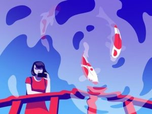 woman by koi pond - artistic graphic