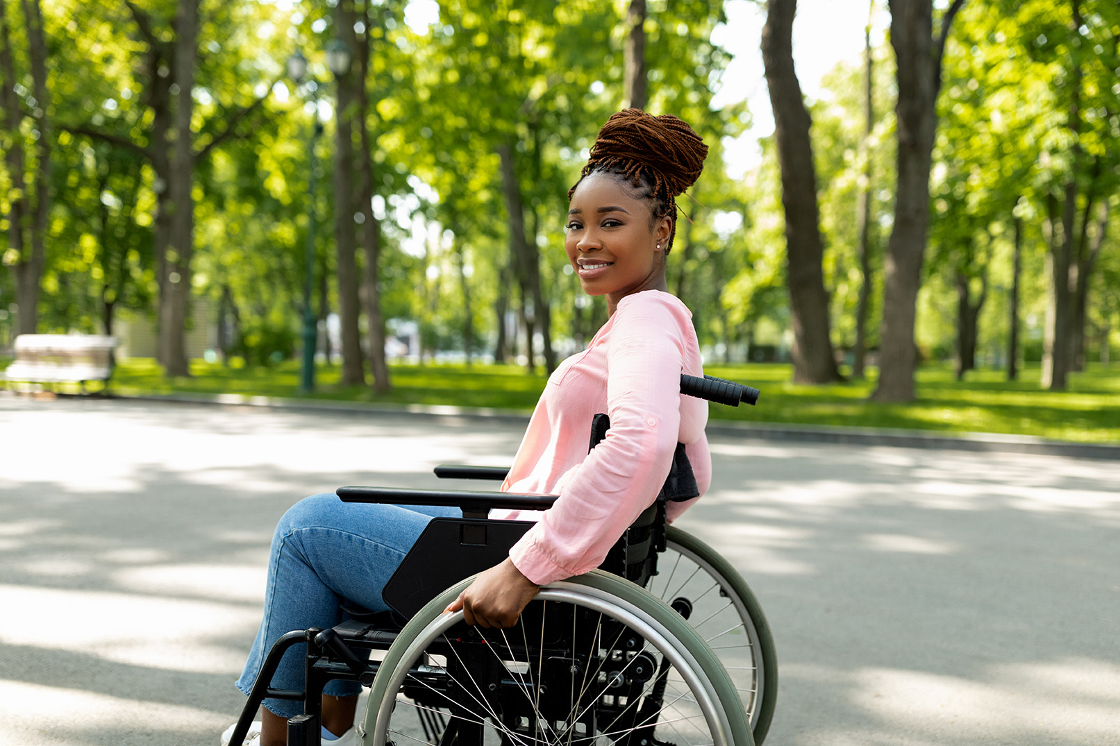 Positive,Handicapped,Black,Lady,In,Wheelchair,Enjoying,Wonderful,Summer,Morning woman in wheelchair with park background