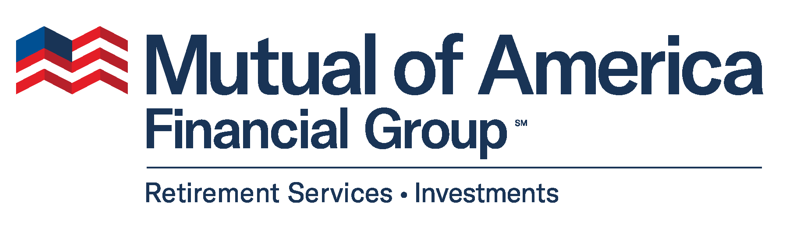 Mutual of America Financial Group Logo - On the left: Zig zag American Flag. Right: Mutual of American Financial Group Retirement Services Investments written in blue.