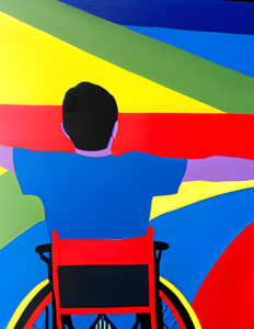 Person using wheelchair, painted from back, facing a rainbow color wall