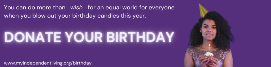 "Donate Your Birthday" on a purple background with a girl blowing out candles on a cupacke.