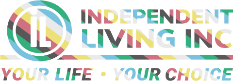 Independent Living Logo in the colors of the disability pride flag.