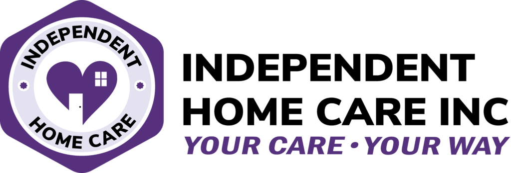 Independent Home Care Logo. Purple hexagon with Independent Home Care Text and a heart in the shape of a house. Text - Independent Home Care Inc. Your Care. Your Way.