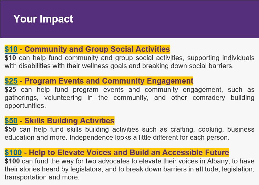 Image of text: Purple background with white text "YOUR IMPACT" Beneath, a gray background with gold highlight over donation denominations: $10 – Community and Group Social Activities $10 can help fund community and group social activities, supporting individuals with disabilities with their wellness goals and breaking down social barriers. $25 – Program Events and Community Engagement $25 can help fund program events and community engagement, such as gatherings, volunteering in the community, and other comradery building opportunities. $50 – Skills Building Activities $50 can help fund skills building activities such as crafting, cooking, business education and more. Independence looks a little different for each person. $100 – Help to Elevate Voices and Build an Accessible Future $100 can fund the way for two advocates to elevate their voices in Albany, to have their stories heard by legislators, and to break down barriers in attitude, legislation, transportation and more.
