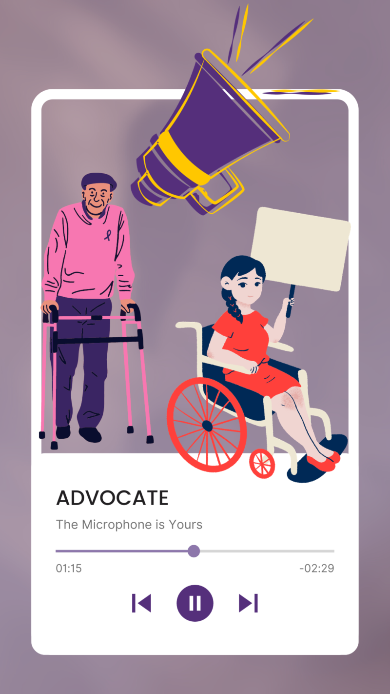 Image Description: A tie dye purple and gray background with a white podcast frame, featuring a senior male using a walker and a female using a wheelchair with an advocacy sign. Above them is a bullhorn. The Podcast Title is ADVOCATE.