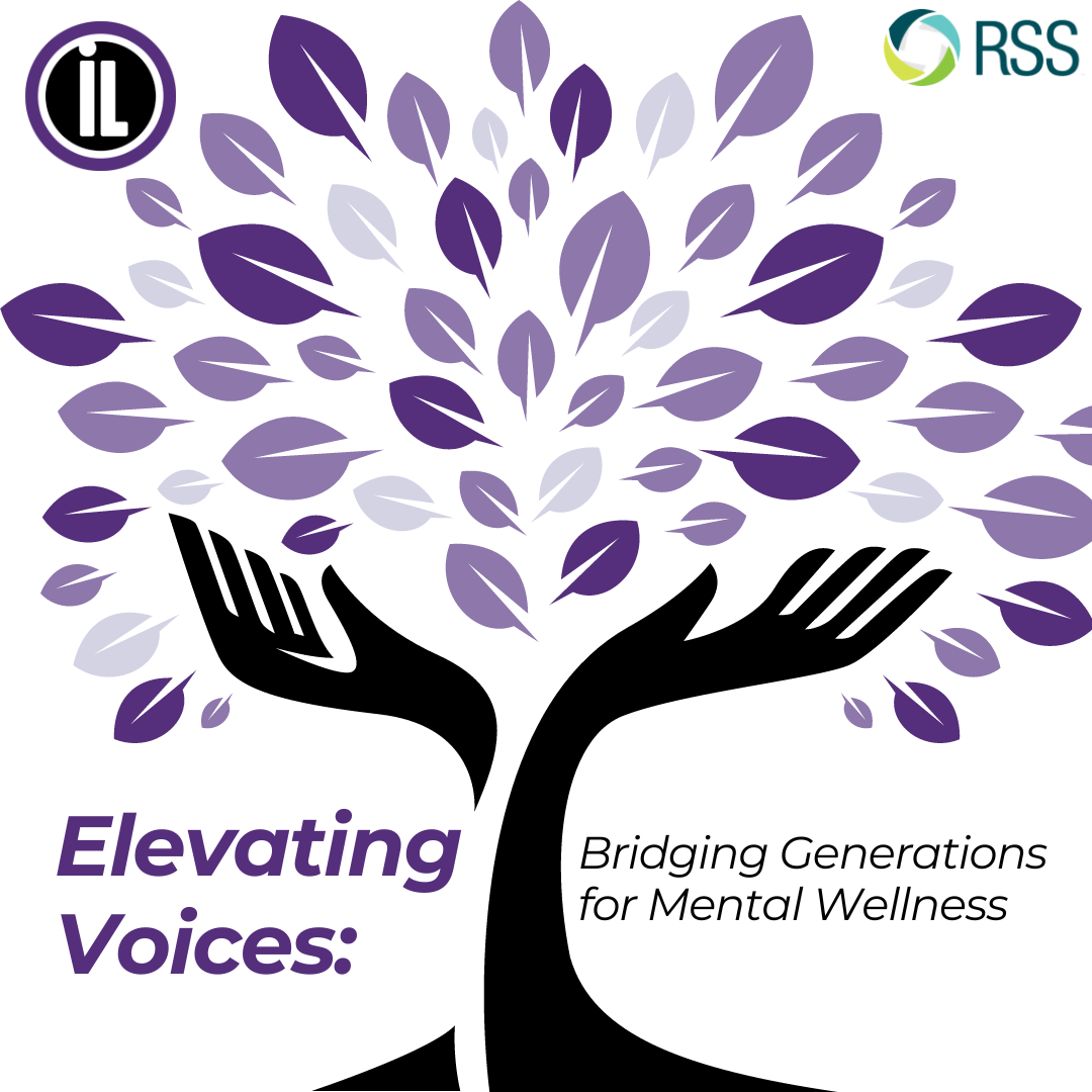 A tree, depicted by two hands raising a bushel of multi-shaded purple leaves. The conference title beneath the leaves: Elevating Voices Bridging generations for mental wellness