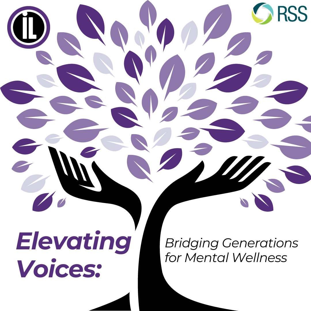 Image of a tree of life, with multi-color purple leaves and the trunk being two hands lifting the leaves. Text: Elevating Voices: Bridging Generations for Mental Wellness