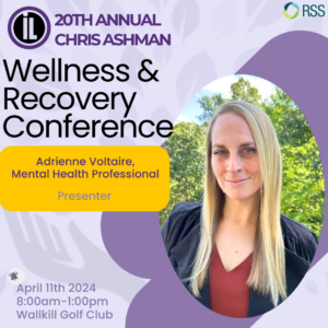 A purple and yellow graphic design with "20th Annual Chris Ashman Wellness & Recovery Conference." There's a portrait of Adrienne, a woman with long straight blonde hair and freckles. She's standing outside in front of trees and is wearing a blazer.