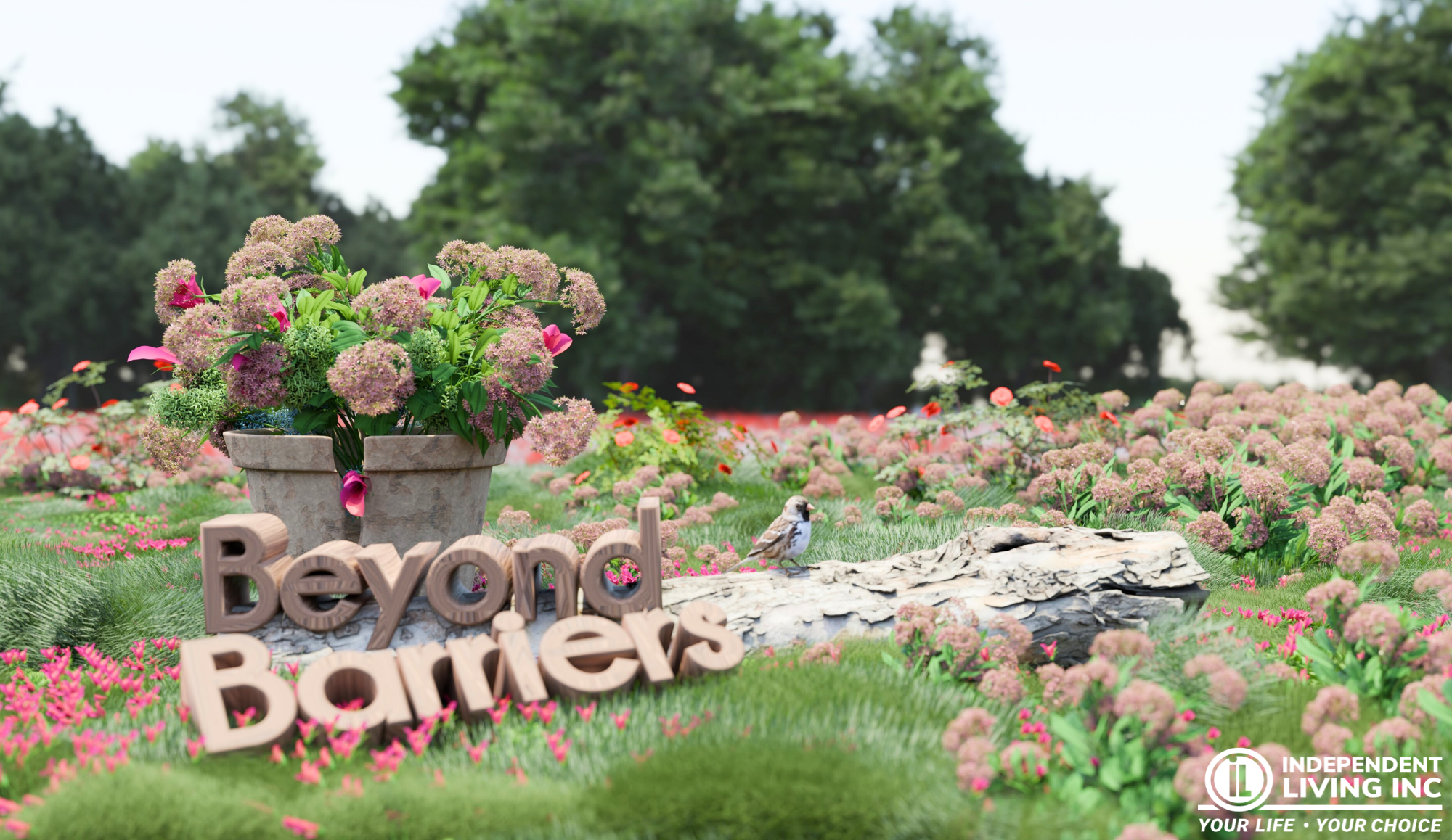 Image Description: Potted flowers in a field of wild and free flowers. The potted flowers are cracking through the pot, breaking free of their barrier to be with all of the other flowers in the field. "Beyond Barriers" is leaning against a log with a singing bird perched atop.