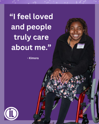 Image of a purple background with a female sitting in a red wheelchair. Quote 
