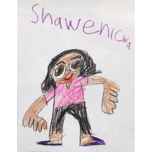 Crayon drawing by David of Shawenicwa, Job Coach. Shawenicwa is wearing a pink shirt with black pants and shoes; her eyes are big with excitement.