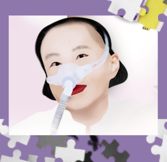 Image Description: A graphic design of Alice Wong's face. She's smiling with her eyes and has a red lip. Her face is against a white backdrop and a purple border with scattered puzzle pieces.