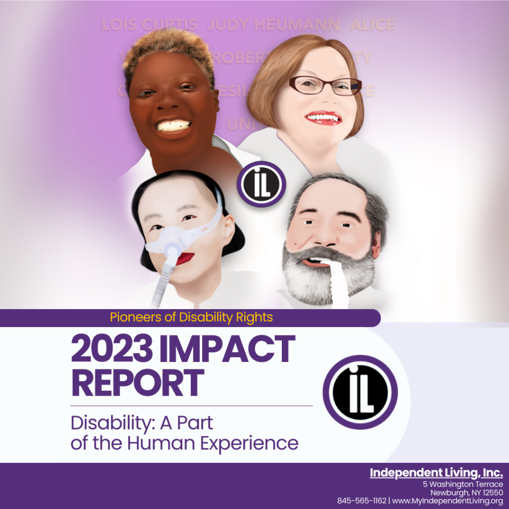 Image of a purple background with 4 digitally drawn images of faces: Top left - black female with short blonde hair smiling (Lois curtis) Top Right - White female with a bob haircut and glasses smiling (judy heumann). Lower Left - Asian female with ear-length black hair and a mask over her nose (Alice Wong). Lower Right - A white male with gray hair and a gray beard using a tube in his mouth (Ed Roberts). At the bottom of the image is a horizontal gold bar with text: Courage, Resilience and Pursuit of Justice