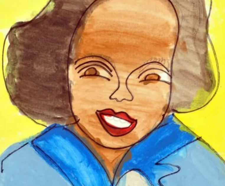 Image Description: One of Lois Curtis's original artworks. A drawing of a woman smiling with red lipstick, brown hair, a blue top and yellow background. Lois Curtis's signature is at the bottom.