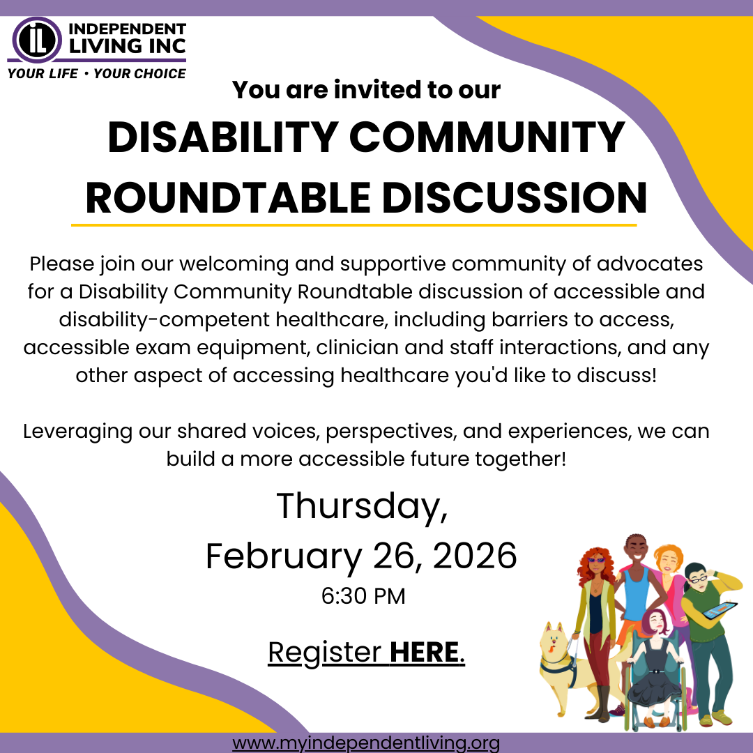 invitation to disability community roundtable discussion with contact information on white, yellow, and purprle background, with an image of cartoon people