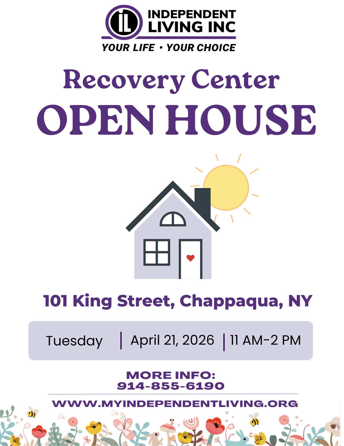 Recovery Center Open House information with a house and sun image